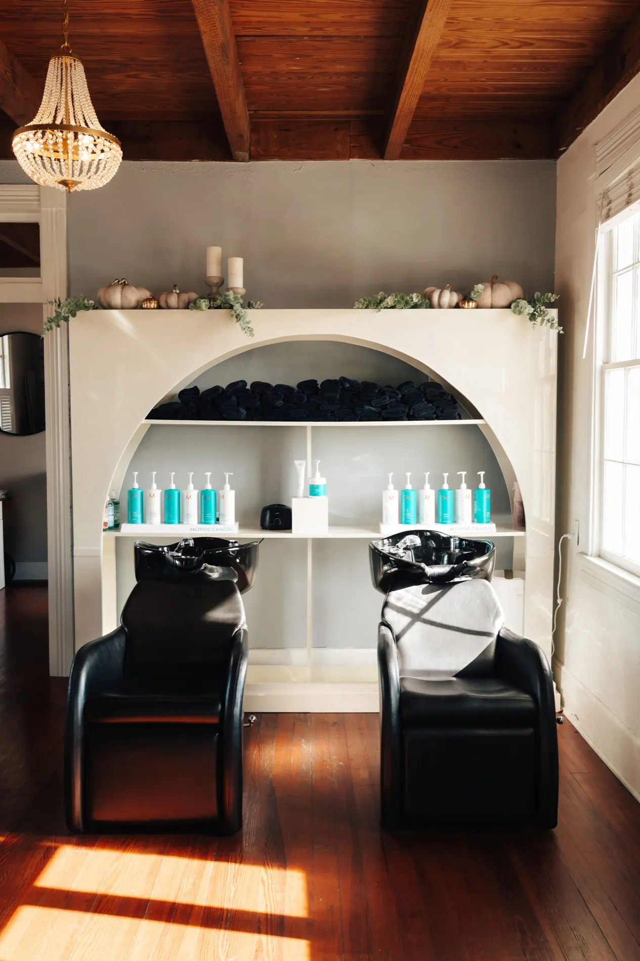 Arched wash stations with warm afternoon light